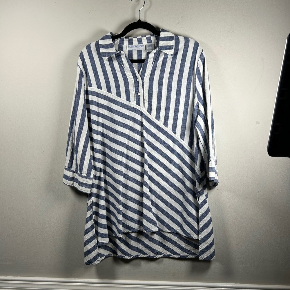 VTG Bleu Bayou Tunic Top Womens XL Blue White Striped Cotton Boho resort beach